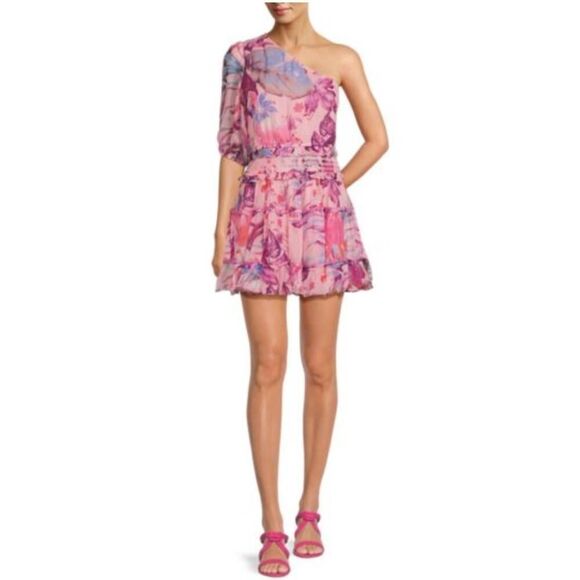 Rococo Sand Zazu One Shoulder Short Dress Smocked Waist Pink Purple Tropical XS - Picture 1 of 16